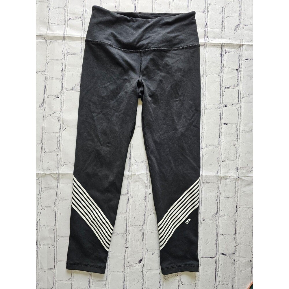 VSX Victoria’s Secret Sport Leggings XS Black‎ High Rise Striped Logo Capri